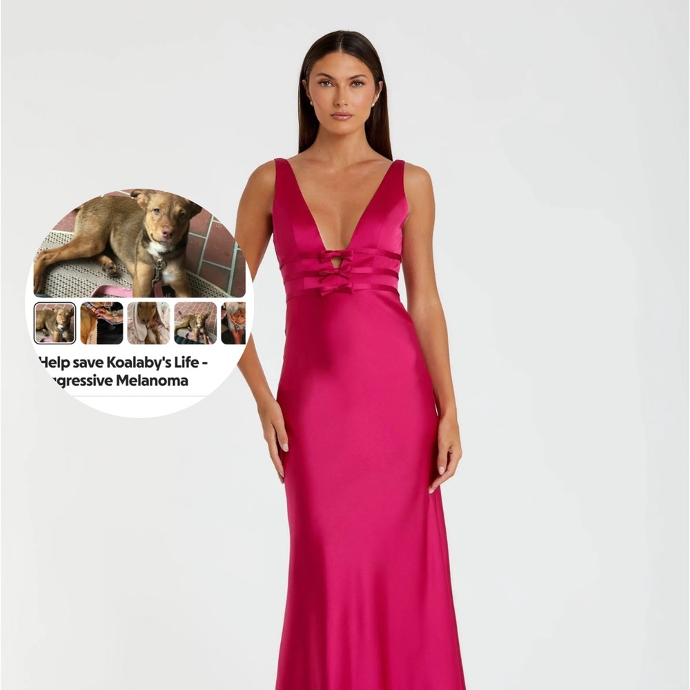 MAC DUGGAL 68855 Raspberry Sleeveless V Neck Satin Gown With Bow Details